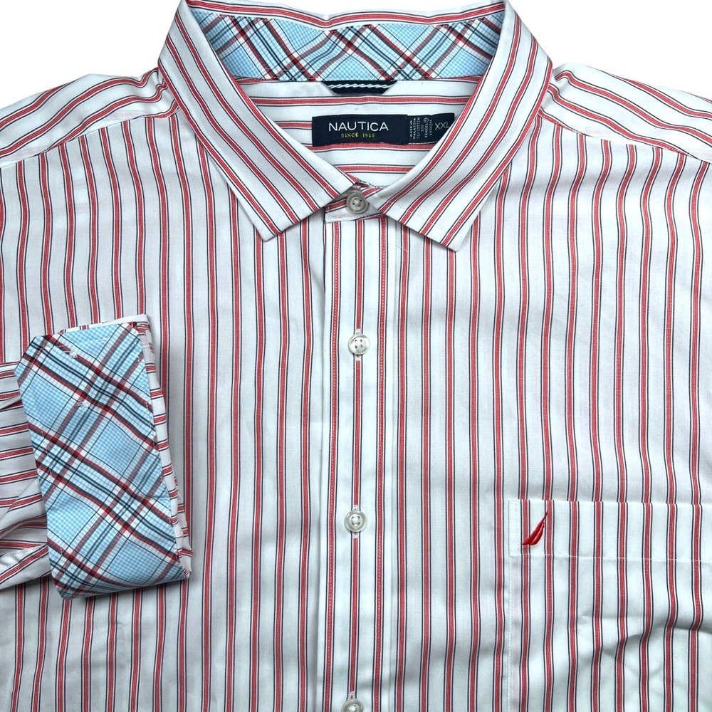 Nautica Button Down Shirt Mens XXL White Red Striped Wrinkle Resistant NWT